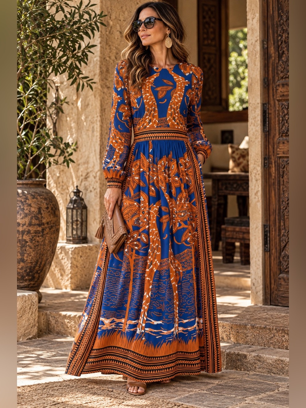Floryday Blue Orange Size L Giraffe Print Long Sleeve Maxi Dress Safari Boho